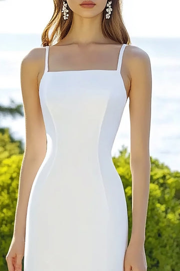 Simple Spaghetti Straps Sheath White Satin Graduation Dress